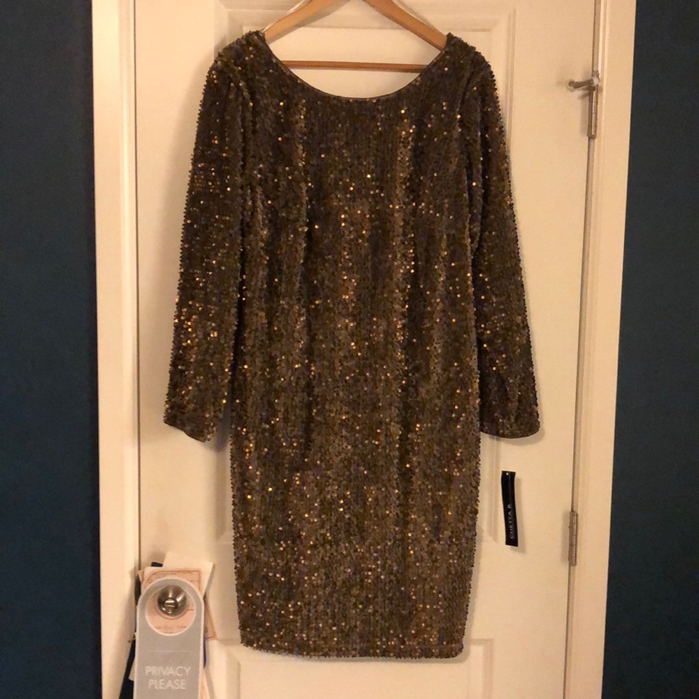 Gold sequin and velvet long sleeve party dress
